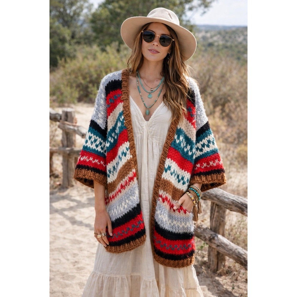 POL Multicolor Chunky-Knit Cardigan Sweater Aztec Stripes Leather Tag Size S